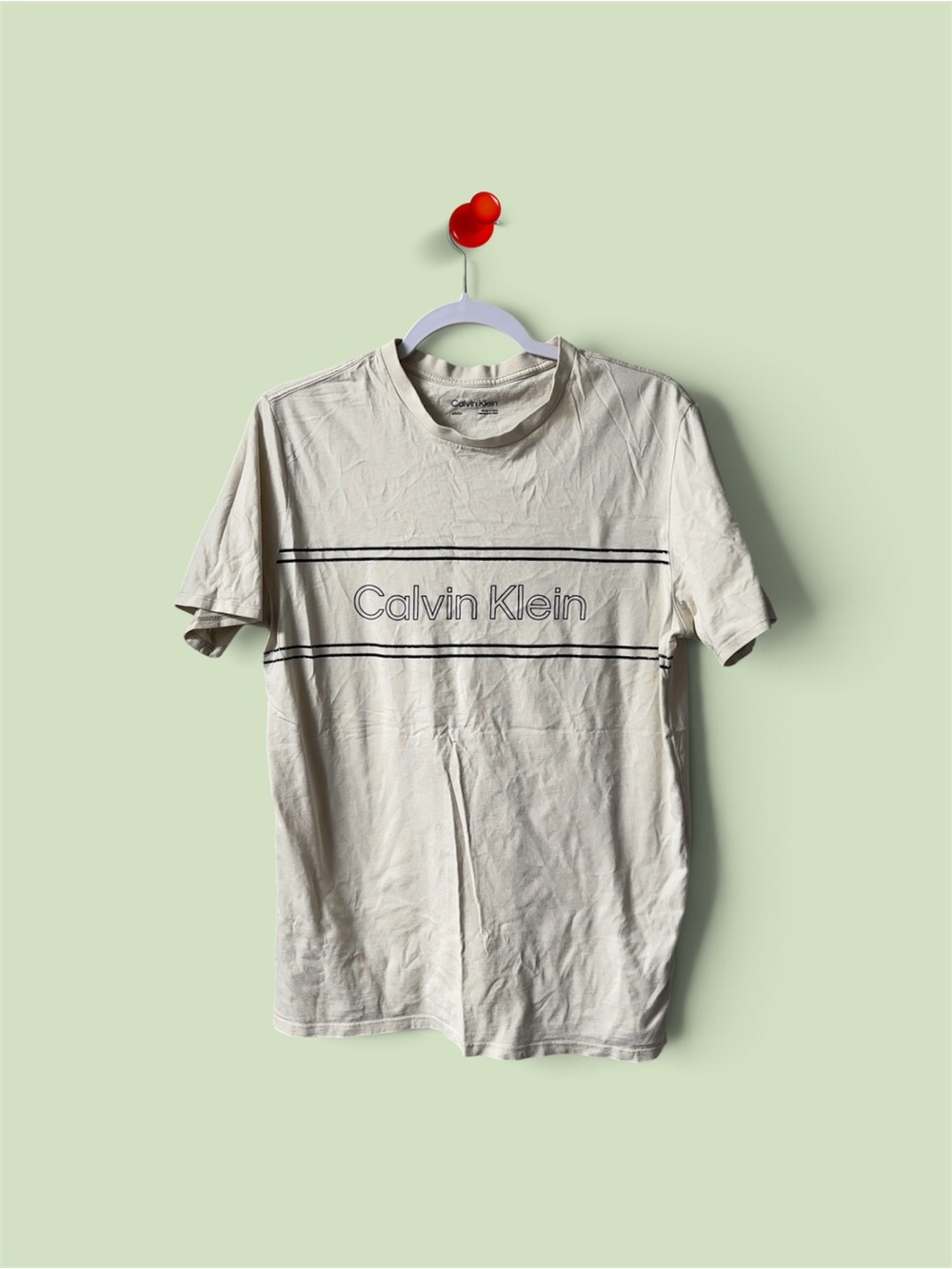Calvin Klein Cream Short-Sleeve Logo Tee with Black Stripes